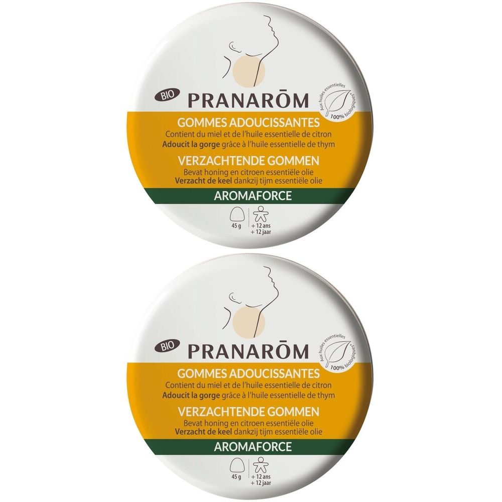 Deux boîtes rondes avec étiquette jaune et blanche. Inscription : PRANAROM, GOMMES ADOUCISSANTES, AROMAFORCE. Label Bio et logo feuille.