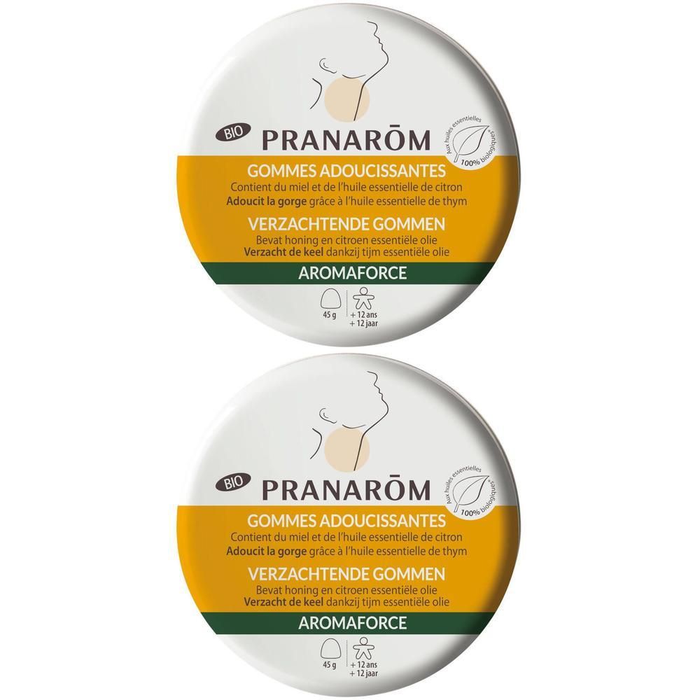 Deux boîtes rondes. Inscription: Pranarôm Aromaforce Bio Gommes Adoucissantes. Logo Bio. Ingrédients 100% naturels.
