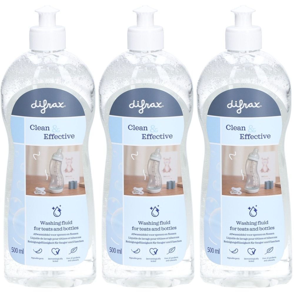 Drie flessen DIFRAX wasvloeistof voor spenen en flessen. Elke fles heeft een witte pomp en een blauw etiket.