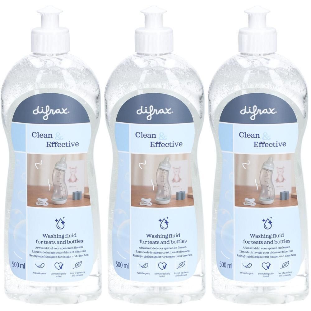 Trois flacons de liquide vaisselle pour biberons. Liquide clair dans des bouteilles transparentes avec bouchon blanc. Étiquettes bleues.