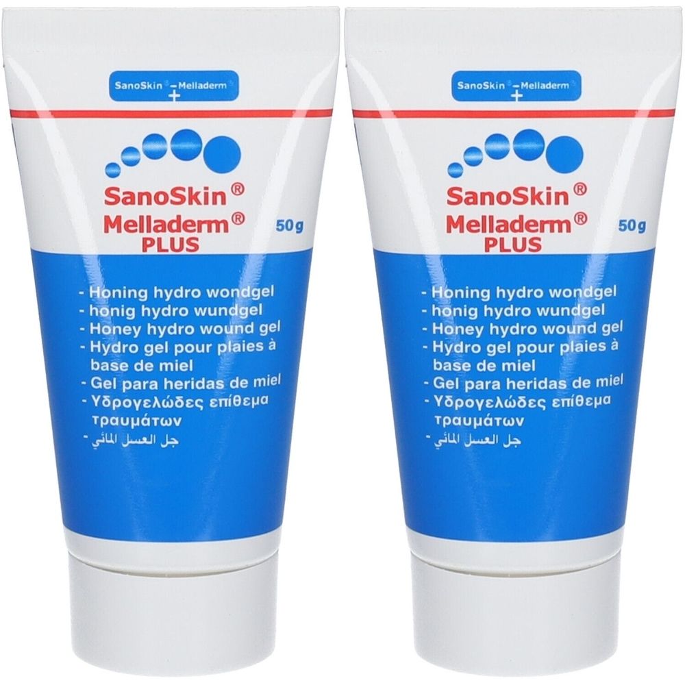 Deux tubes de SanoSkin Melladerm Plus. Tubes bleus et blancs avec nom du produit et informations en plusieurs langues.