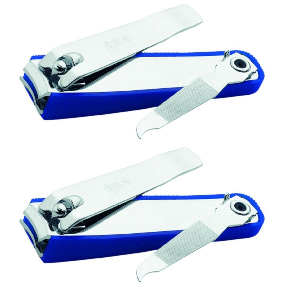 Twee nagelknippers met blauwe handvatten en vijlen. De knippers hebben zilverkleurige bladen en zijn gedeeltelijk open.