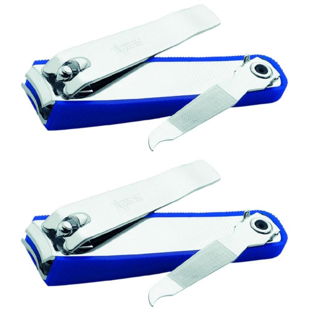 Deux coupe-ongles avec manche bleu et lime à ongles. Lames métalliques. Sur fond blanc.