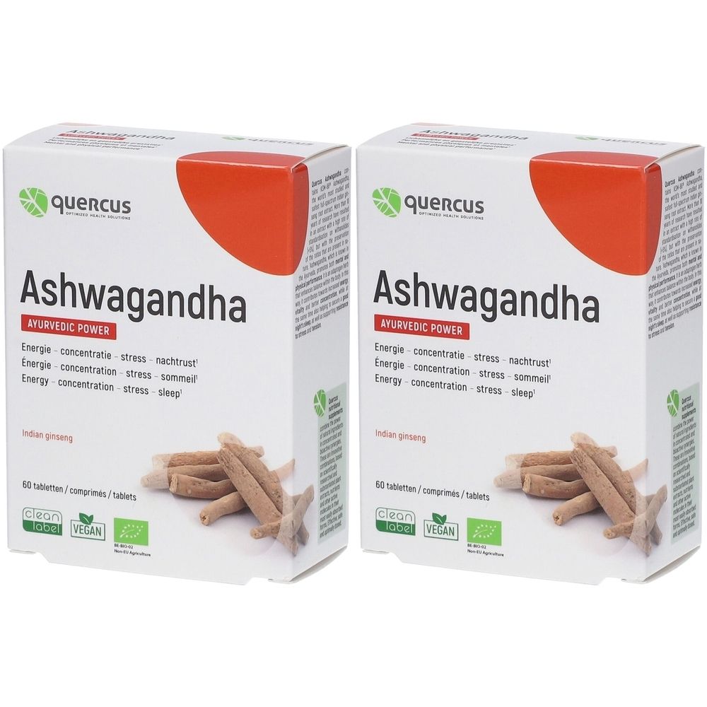 Deux boîtes blanches avec couvercle rouge. Inscription: Ashwagandha, pouvoir ayurvédique. En dessous: 60 comprimés, végétalien, label bio.