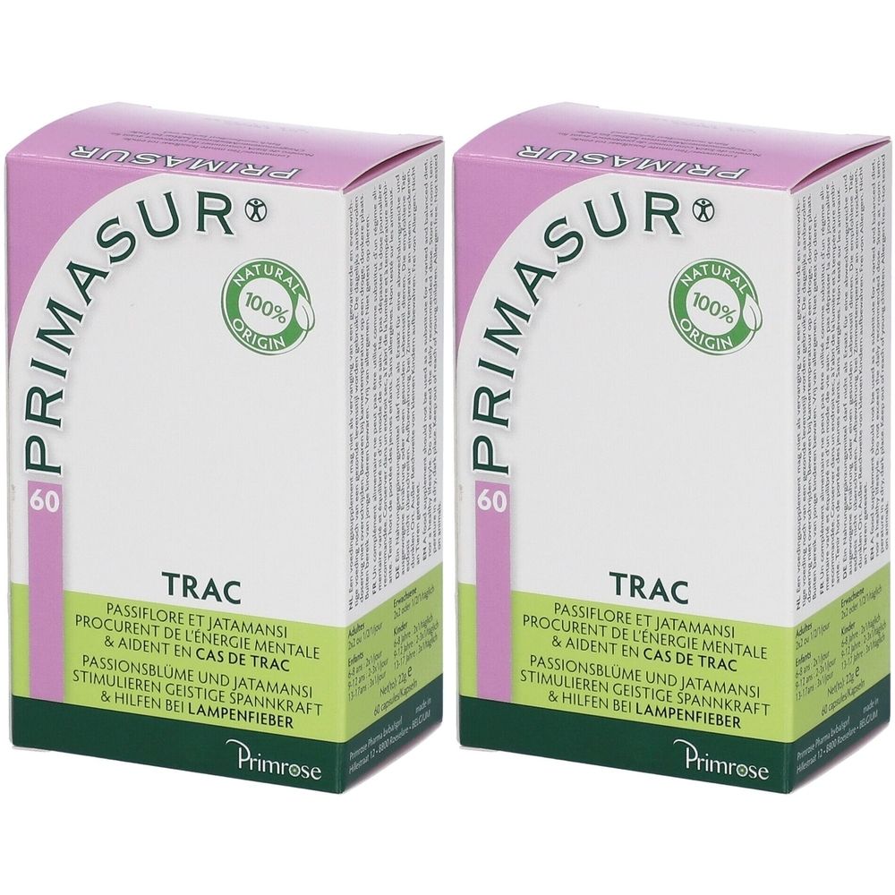 Twee rechthoekige dozen met PRIMASUR. Opschriften: 60, TRAC, 100% Natural Origin. Merk: Primrose.