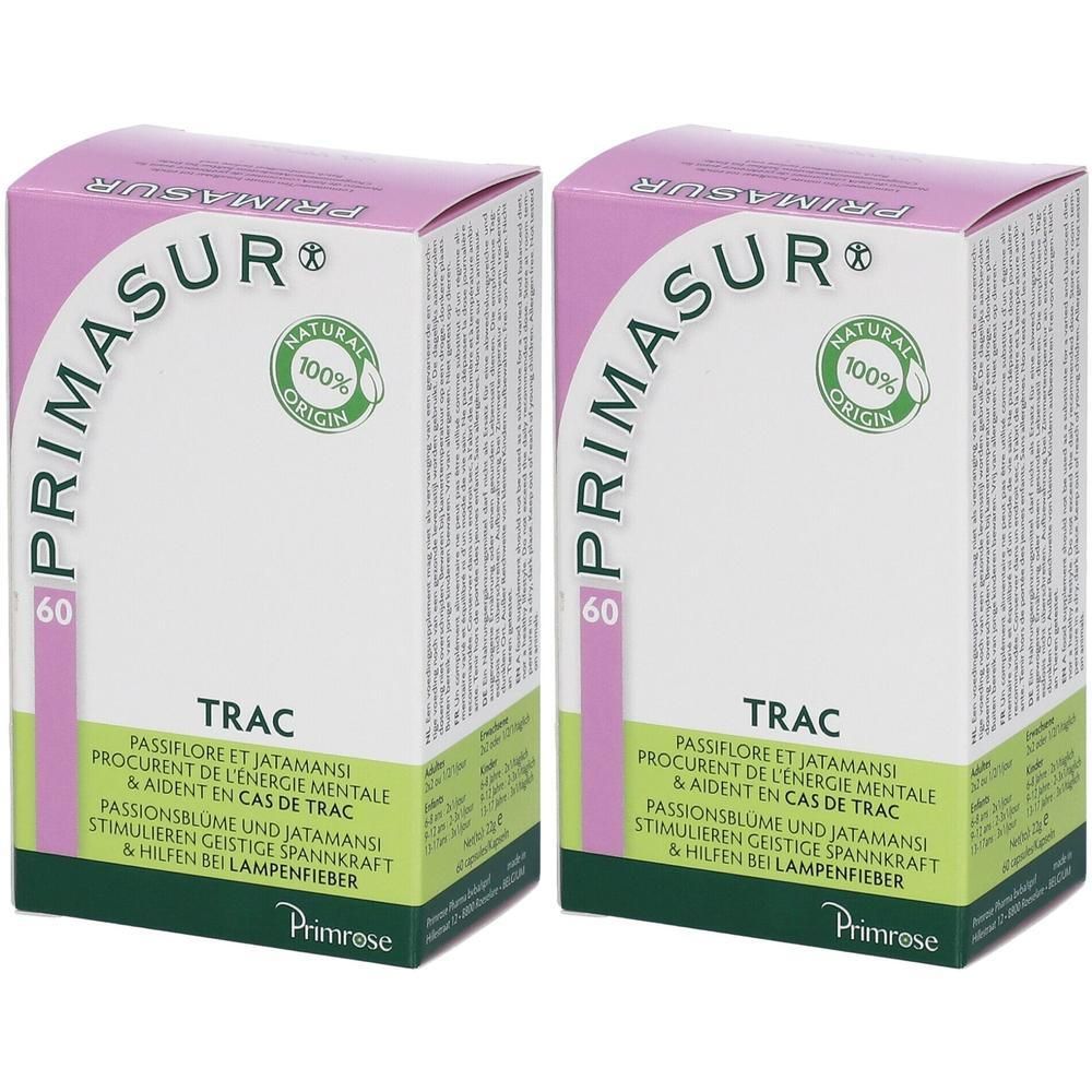 Twee verpakkingen Primrose PRIMASUR® TRAC, 60 capsules.