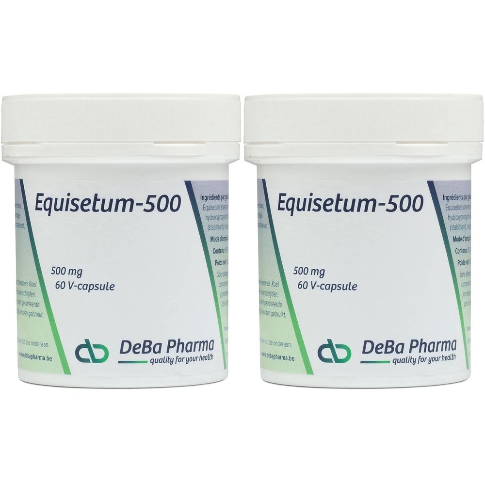 Twee witte potten met "Equisetum-500". Elke pot bevat 60 V-capsules van 500 mg. Het logo van DeBa Pharma is zichtbaar.