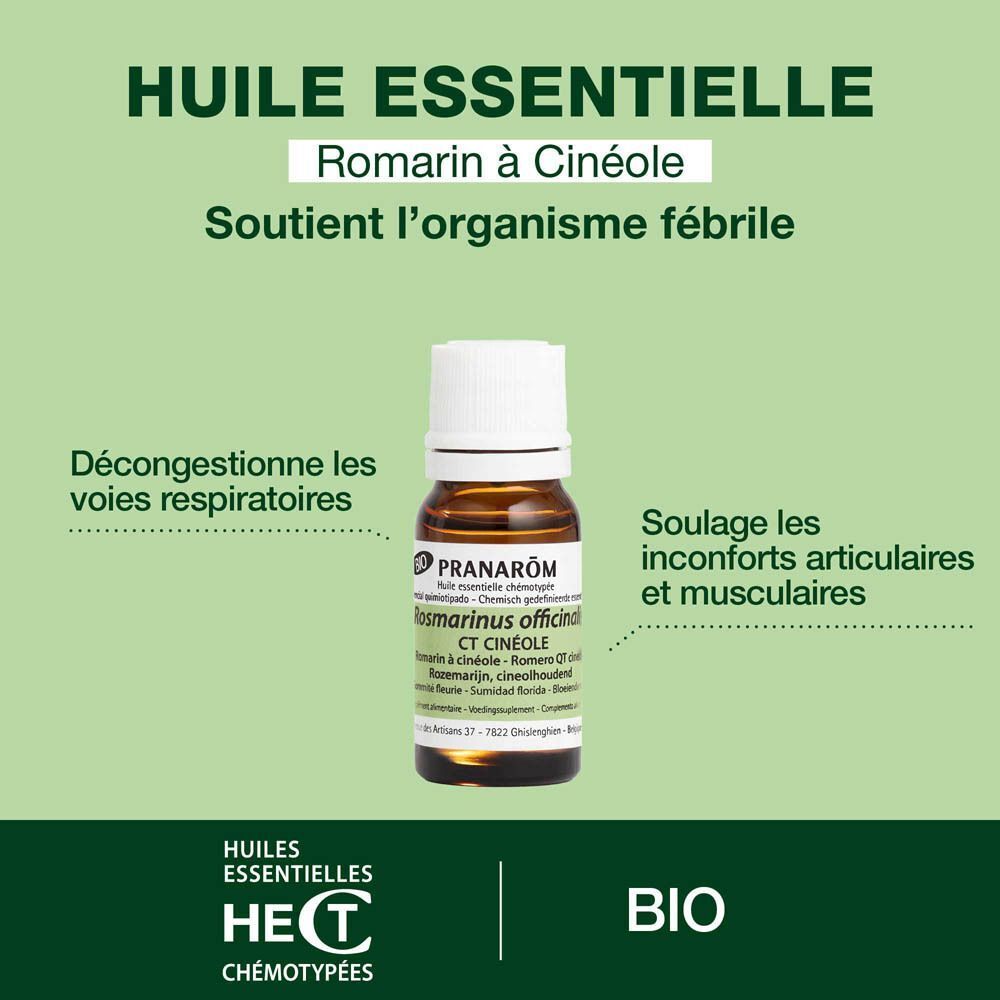 Un flacon d'huile essentielle. Texte : Huile Essentielle Romarin à Cinéole. Texte sur fond vert.