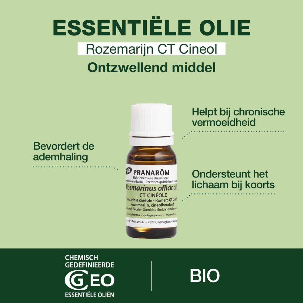 Een fles essentiële olie. Tekst: Rozemarijn CT Cineol. Tekst op groene achtergrond.