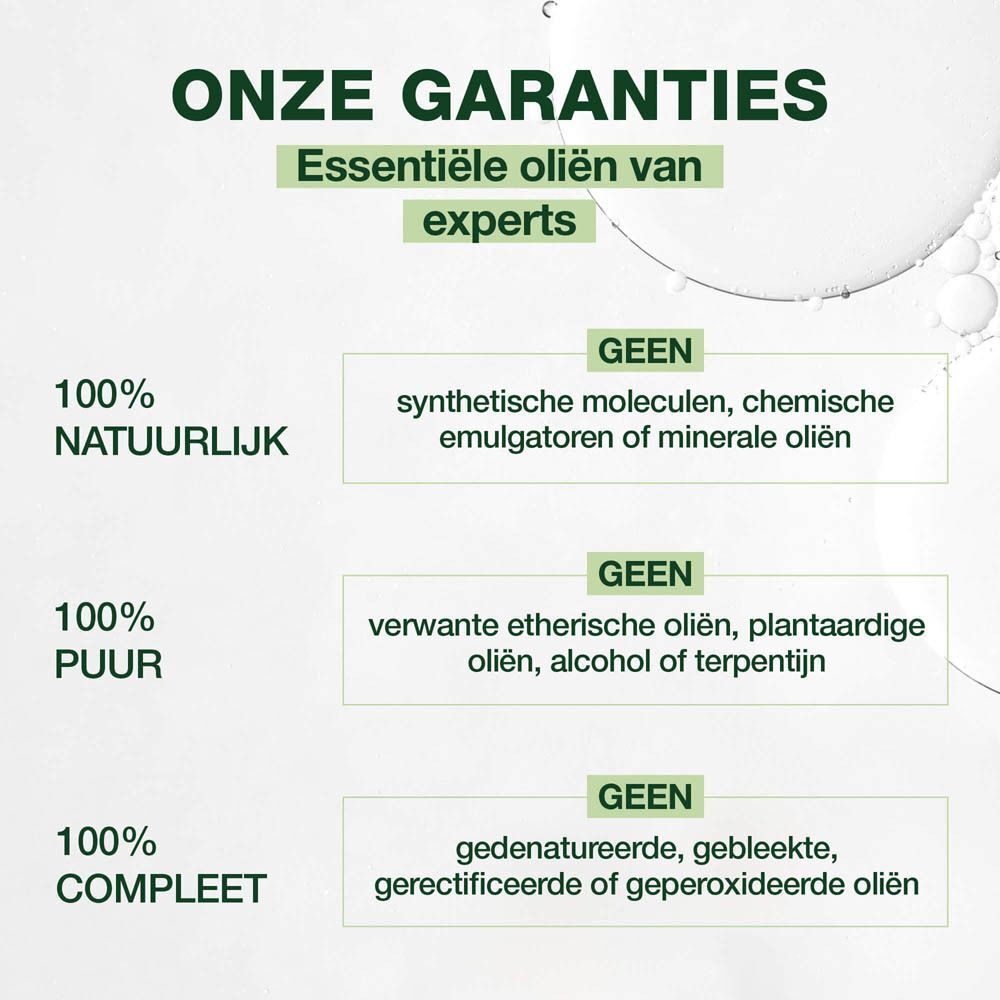 Tekst: Onze Garanties. 100% Natuurlijk, Puur, Compleet. Tekst op groene achtergrond.