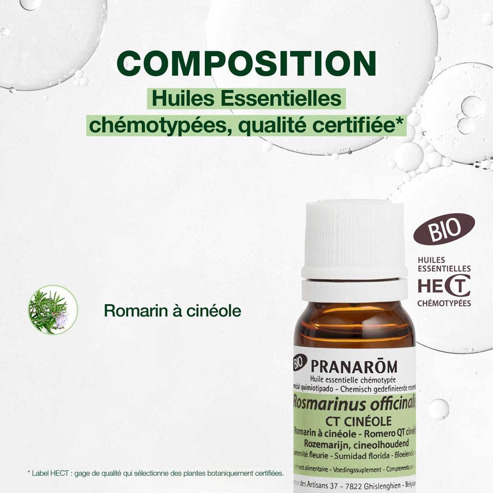 Texte : Composition. Flacon d'huile essentielle. Texte : Romarin à cinéole. Texte sur fond vert.