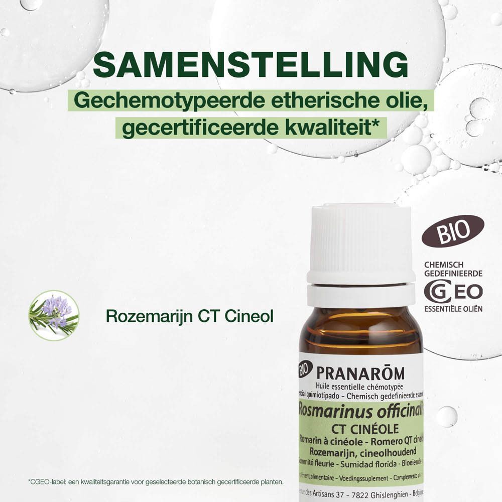 Tekst: Samenstelling. Fles essentiële olie. Tekst: Rozemarijn CT Cineol. Tekst op groene achtergrond.