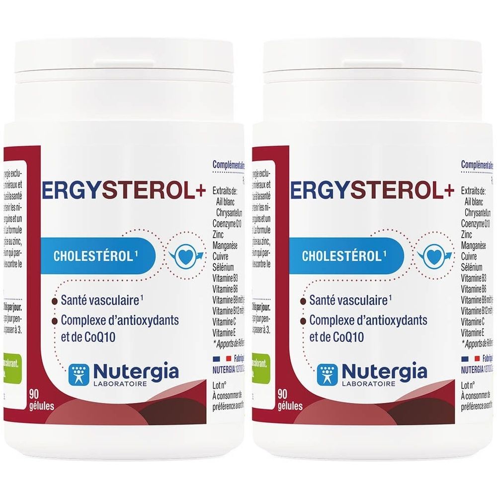Deux flacons blancs avec étiquettes. Inscription: Ergysterol+, Cholestérol, Santé vasculaire, Nutergia Laboratoire. 90 gélules.