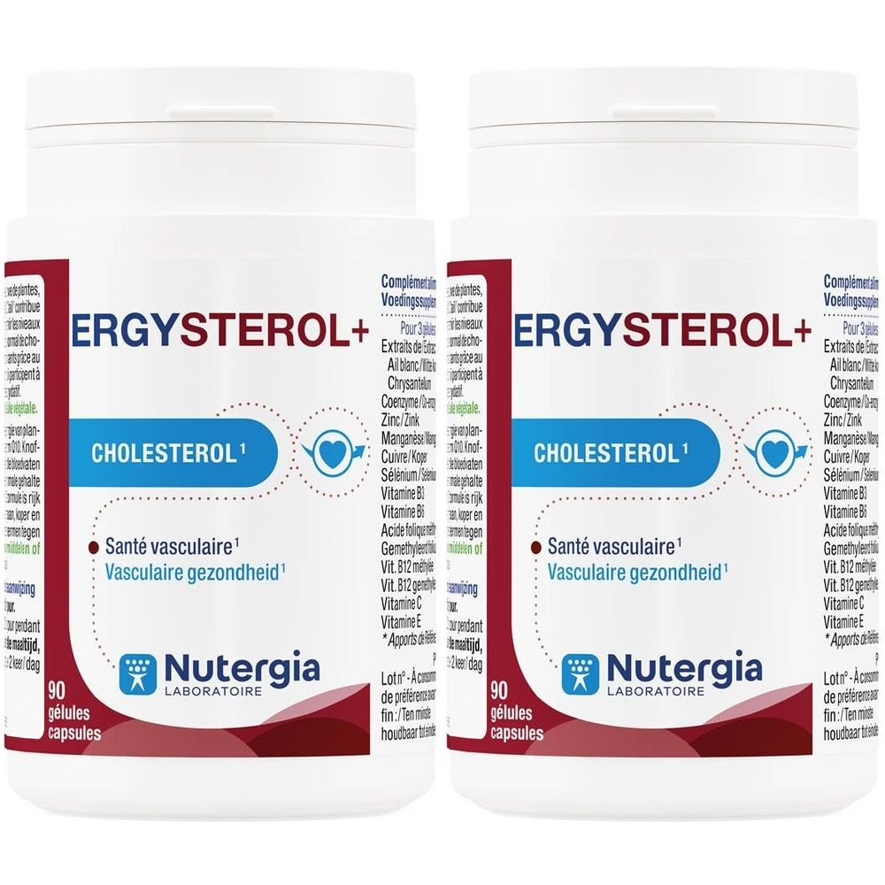 Twee witte flessen met etiketten. Opschrift: Ergysterol+, Cholestérol, Vasculaire gezondheid, Nutergia Laboratoire. 90 capsules.