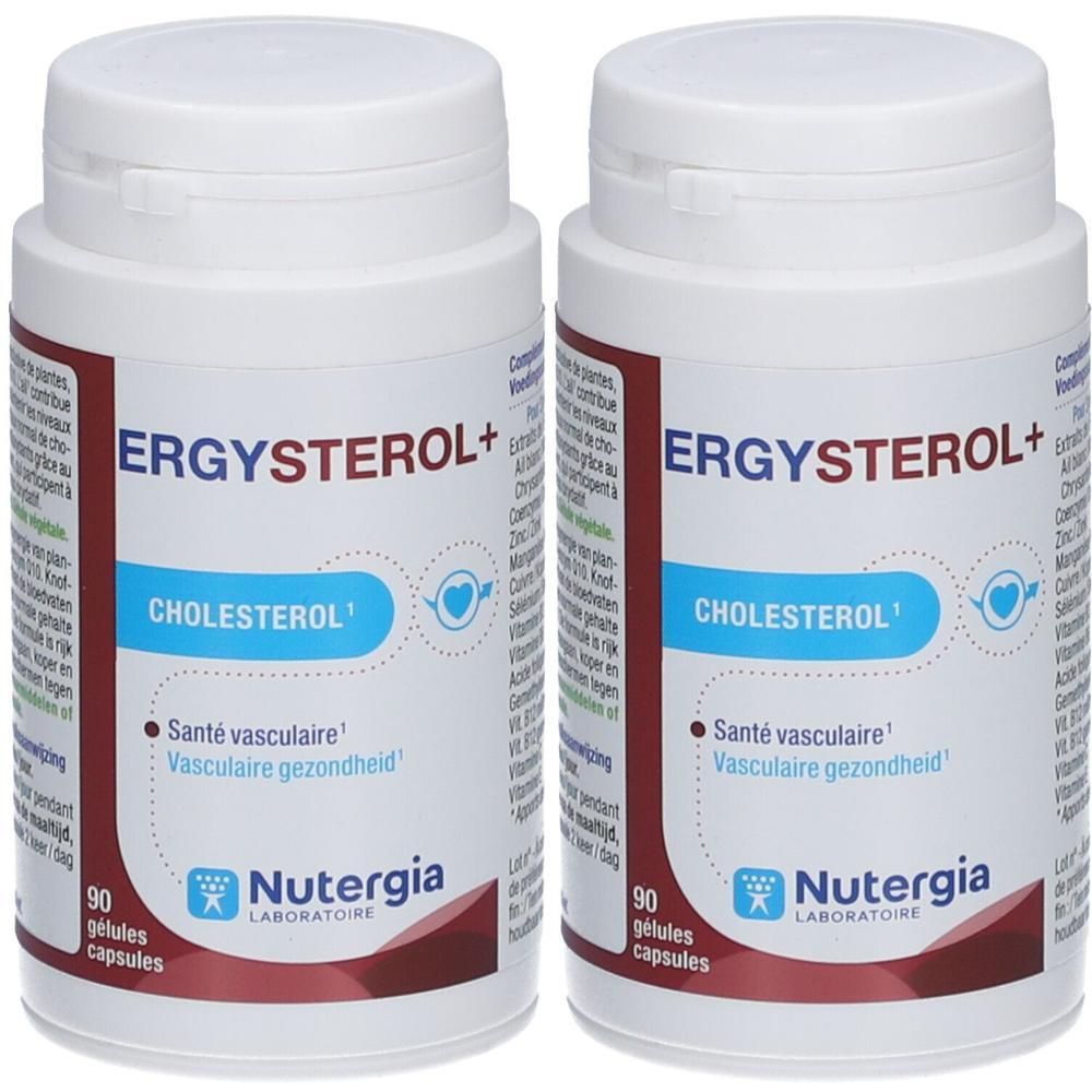 Twee witte flessen met Ergysterol+ opschrift. Rode en blauwe tekst. 90 capsules. Merk NUTERGIA LABORATOIRE.