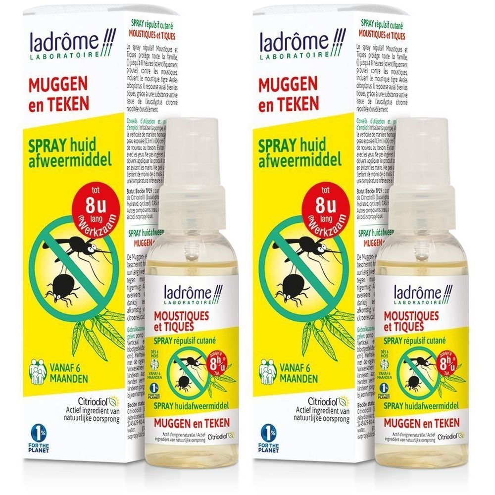 Twee flessen en verpakkingen. Opschrift: Moustiques et Tiques Spray répulsif cutané. Logo: Ladrôme Laboratoire.