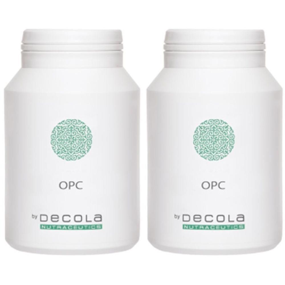 Deux flacons blancs avec motif vert, étiquetés "OPC" et "by Decola NUTRECEUTICS".
