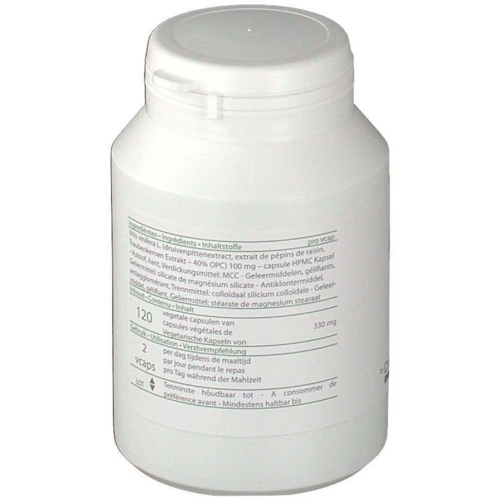 Flacon blanc avec couvercle, étiquette avec texte, dont ingrédients, "120 vcaps" et dosage.