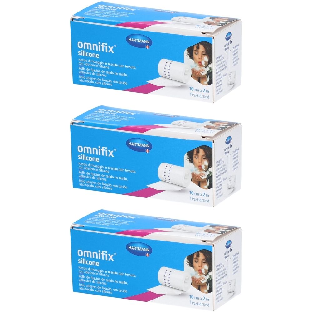 Trois boîtes bleues. Marque HARTMANN, nom du produit et illustration. Dimensions : 10 cm x 2 m.