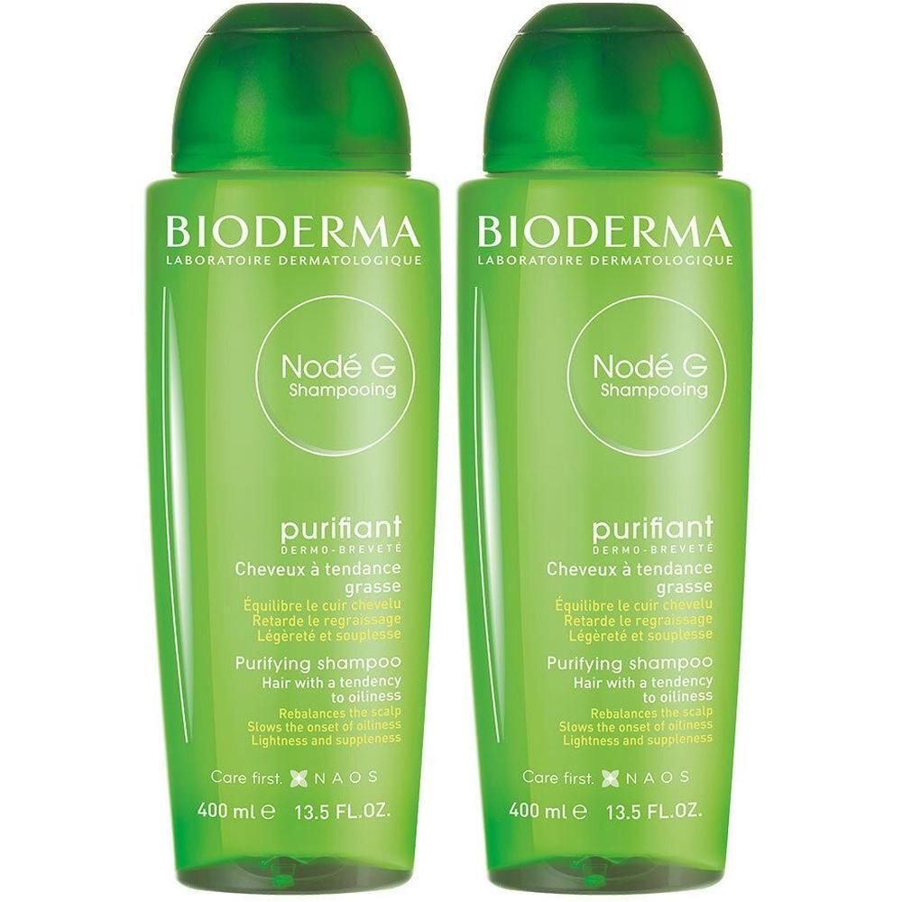 Deux flacons verts. BIODERMA Nodé G Shampooing Purifiant. Texte sur l'étiquette: Purifiant, Cheveux à tendance grasse, 400 ml.