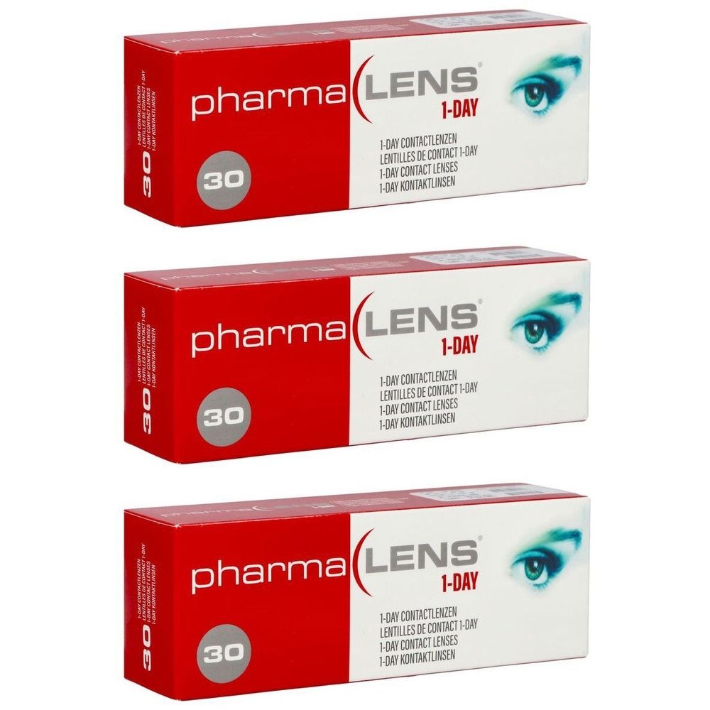 Trois boîtes de lentilles de contact. Inscription : pharma LENS 1-DAY. Chaque boîte contient 30 pièces. Un œil est représenté sur l'emballage.