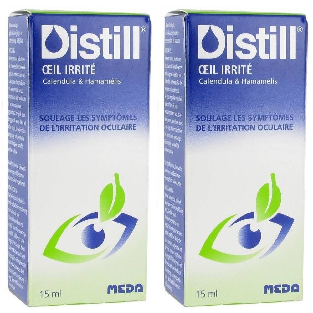 Deux boîtes Distill Oeil Irrité. Inscription: Calendula & Hamamélis. Texte: Soulage les symptômes de l'irritation oculaire. Contient 15 ml.