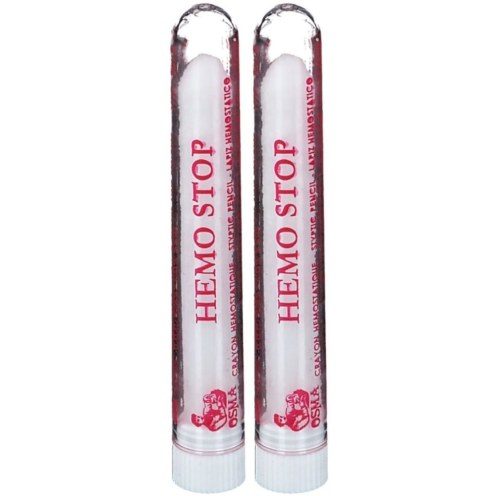 Deux crayons cylindriques dans des étuis transparents. Inscription: HEMO STOP. Marque OSMA. Français, espagnol et italien.