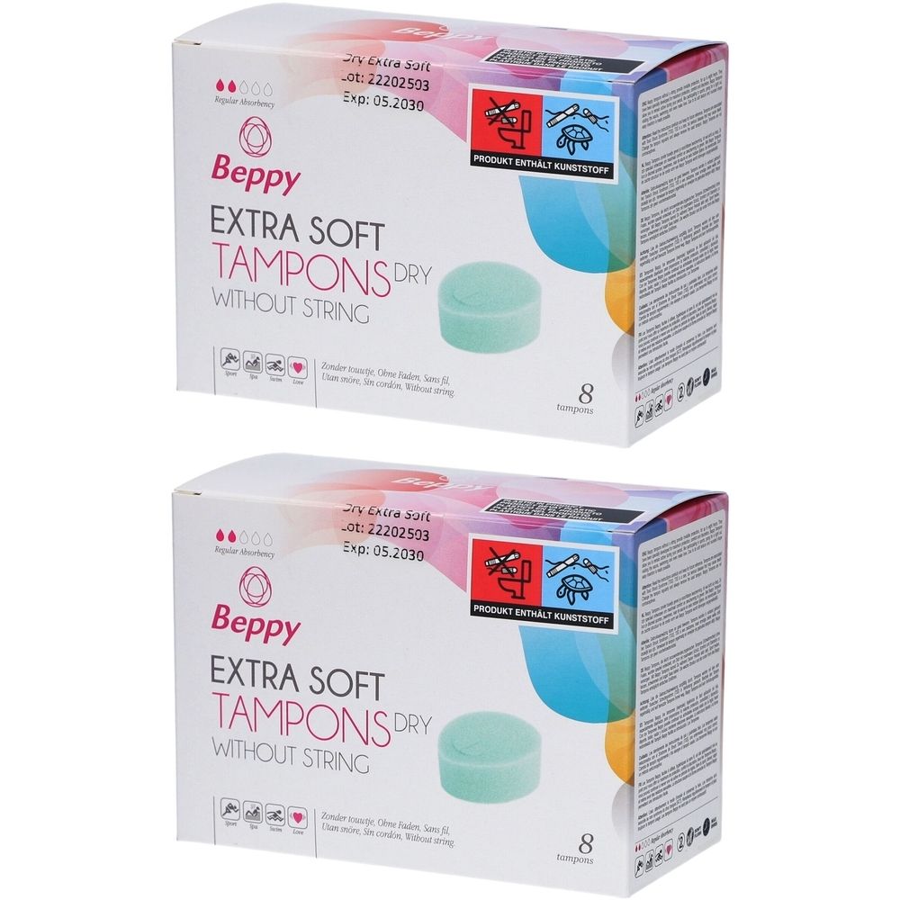 Deux boîtes de tampons Beppy Extra Soft Dry sans ficelle. Chaque boîte contient 8 tampons. Inscriptions : numéro de lot, date d'expiration.