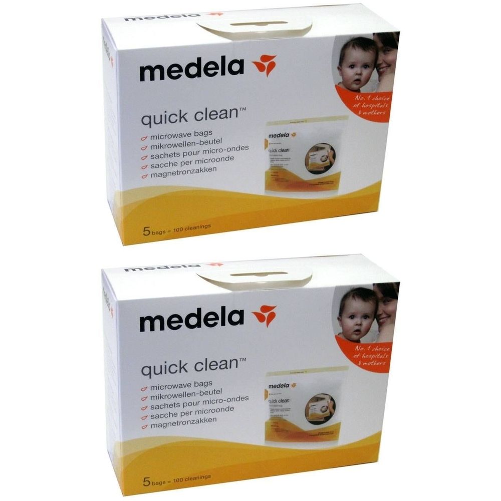 Boîte de sachets micro-ondes Medela Quick Clean. Contient 5 sachets. Blanc et jaune. Avec photo de bébé.