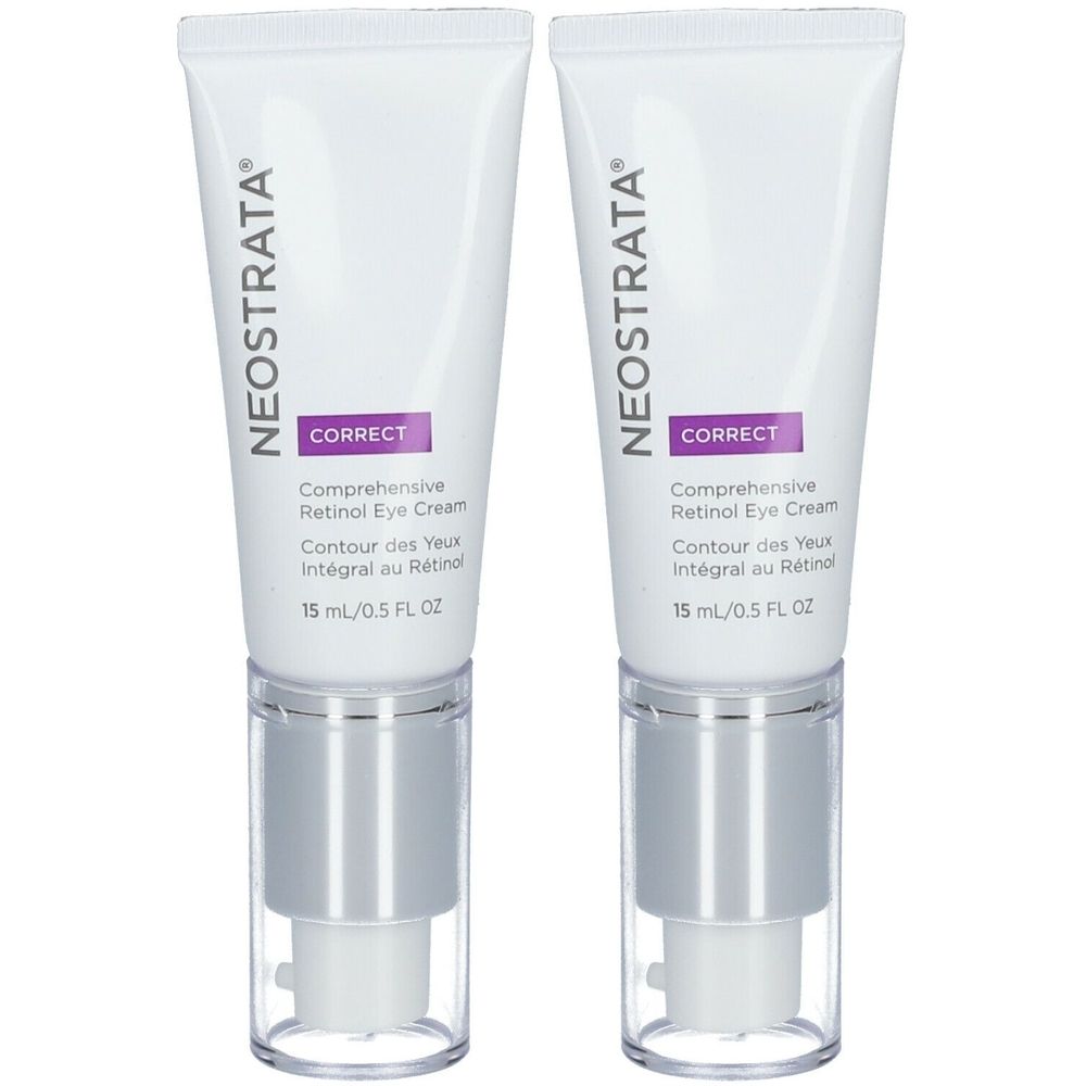 Twee tubes NeoStrata Correct Retinol Eye Cream. Witte tubes met paarse accenten en productinformatie. Met pompdosering.