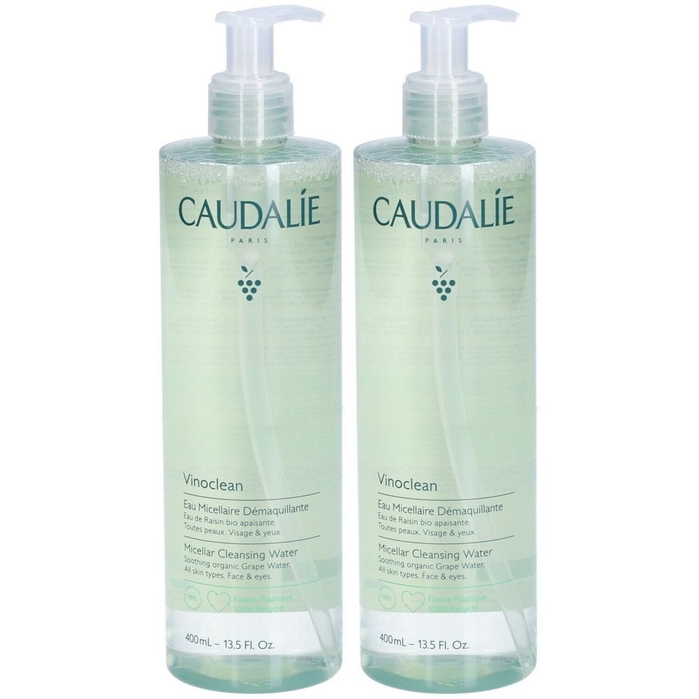 Twee flessen Caudalie Vinoclean Micellar Cleansing Water met pomp. Opschrift: Caudalie, Vinoclean, Micellar Cleansing Water.