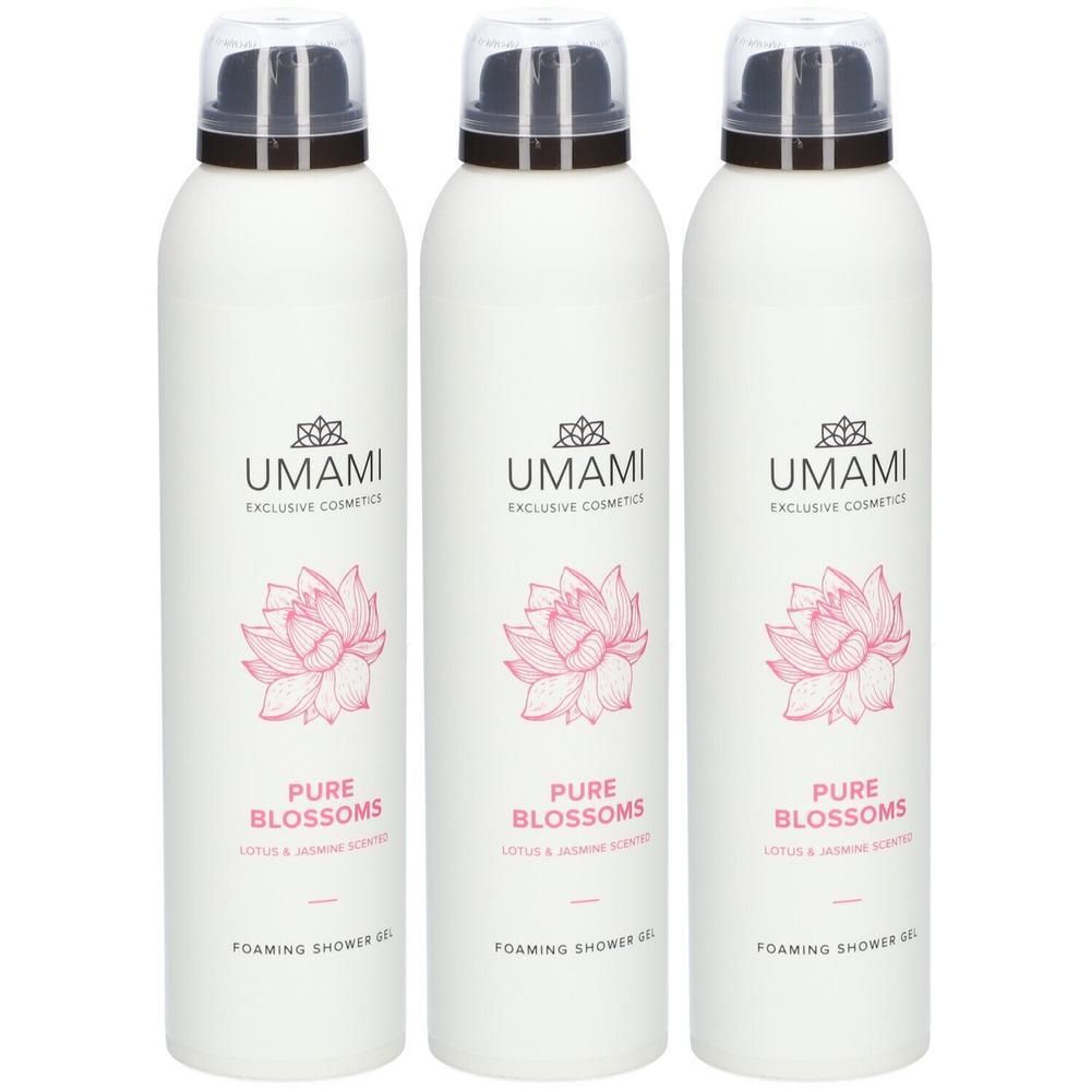Trois flacons blancs avec bouchons noirs. Impression: logo, fleur de lotus, Pure Blossoms Foaming Shower Gel.