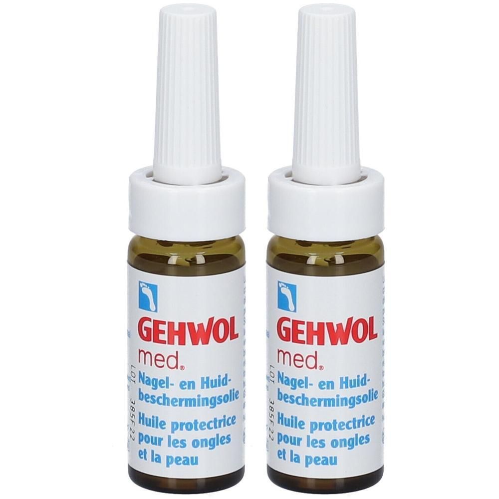 Deux flacons avec bouchon blanc. Inscription: GEHWOL med. Huile protectrice pour les ongles et la peau.