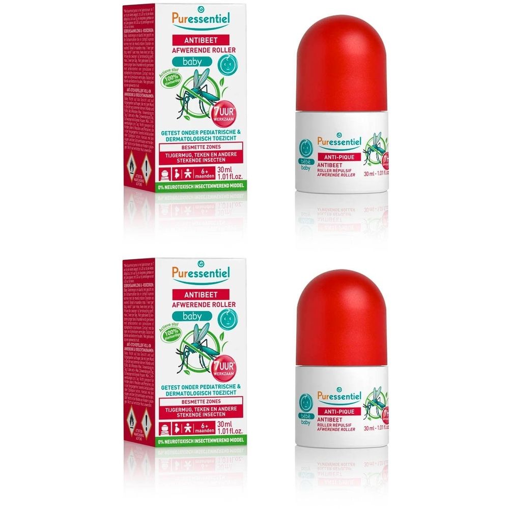 Twee dozen en twee roll-on flacons. Op de dozen staat "Anti-Pique Roller Baby". De flacons hebben rode doppen.