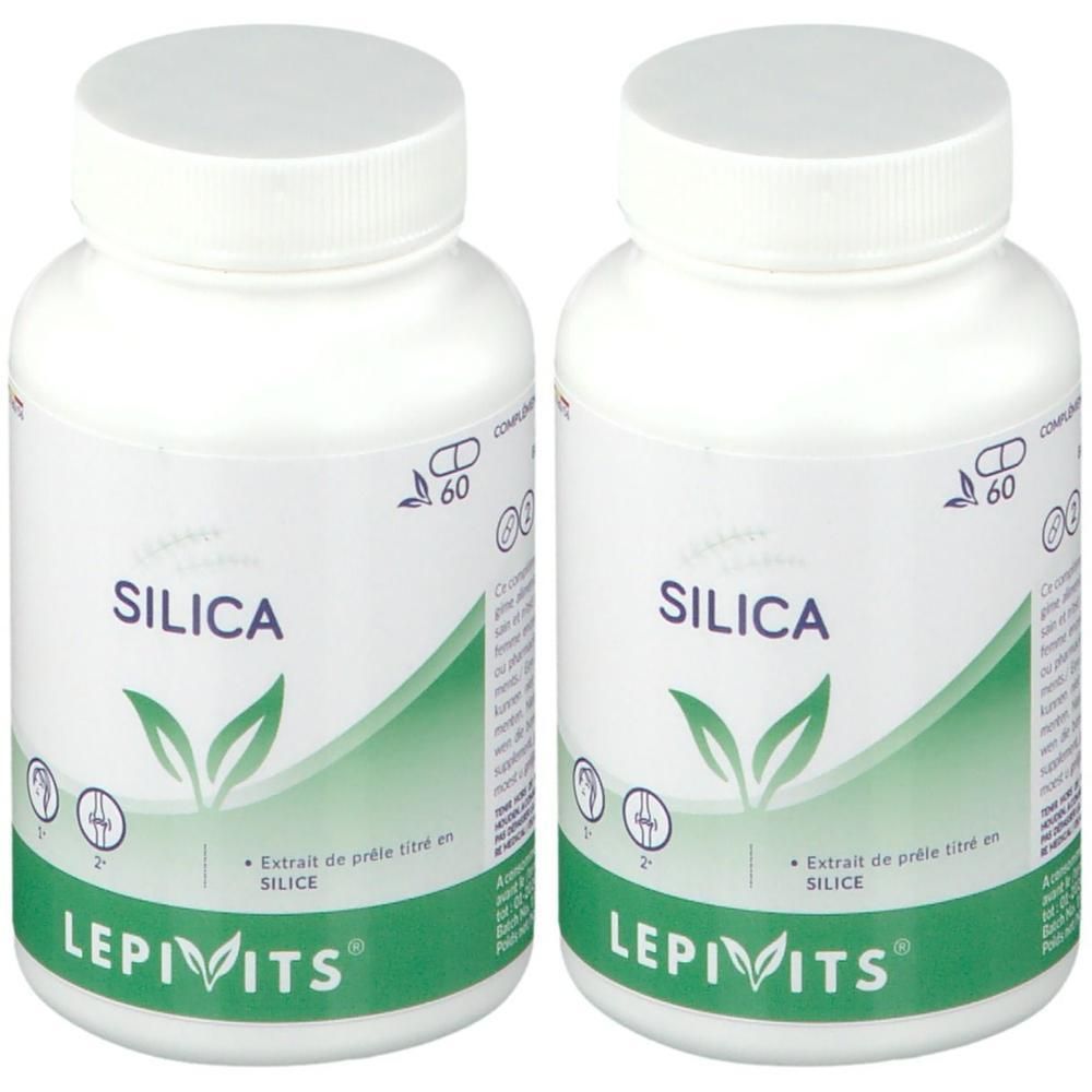 Twee witte flessen LEPIVITS® Silica. Opschrift SILICA en LEPIVITS®. Groene bladeren-afbeelding. Capsule-symbool met 60.
