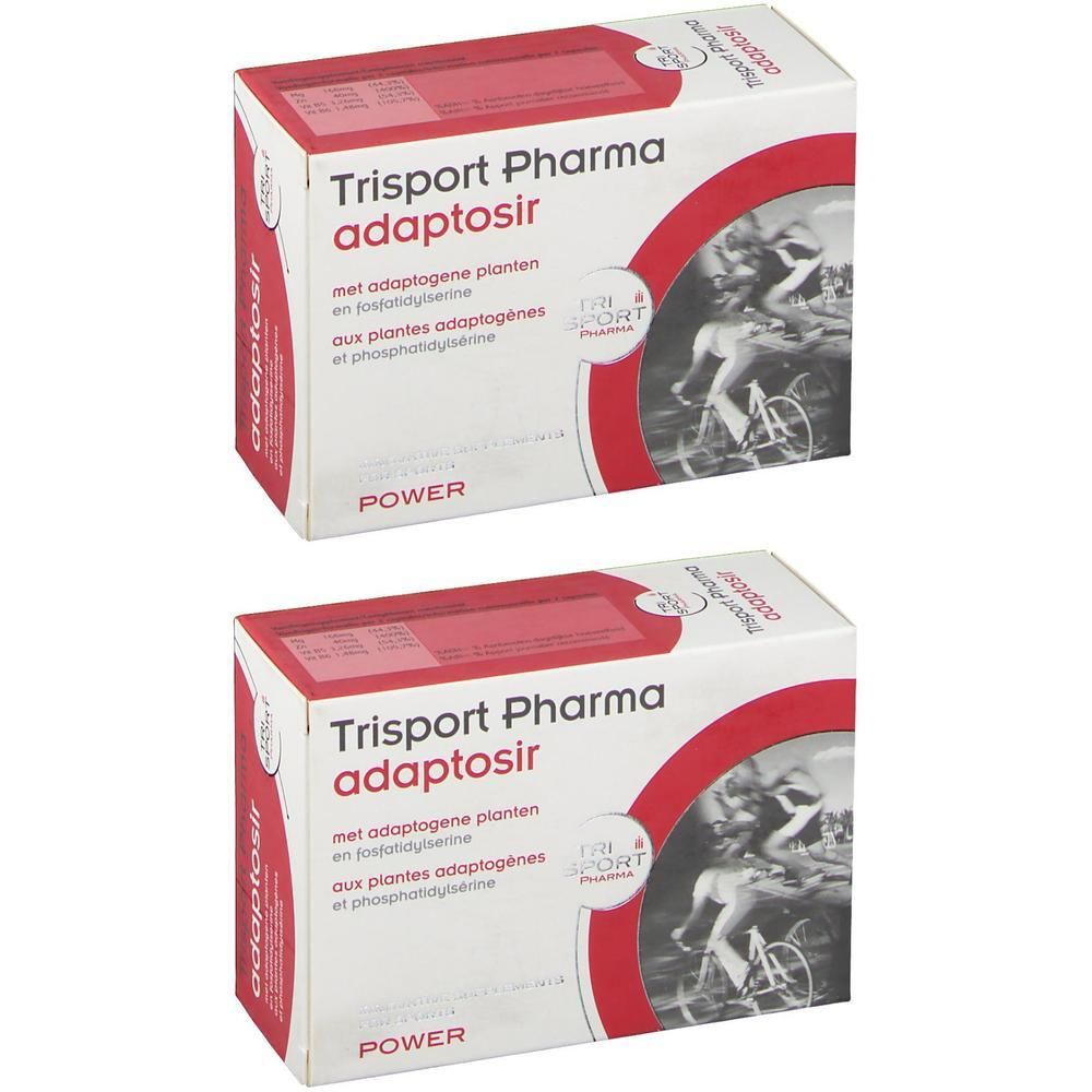Deux boîtes Trisport Pharma Adaptosir avec image de cyclistes. Texte : "Trisport Pharma adaptosir".