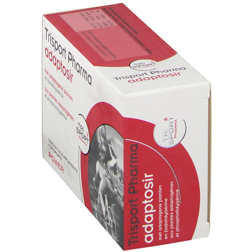Boîte de Trisport Pharma Adaptosir. Boîte rouge et blanche avec informations produit. Contient 60 gélules. Inscriptions avec ingrédients et posologie.