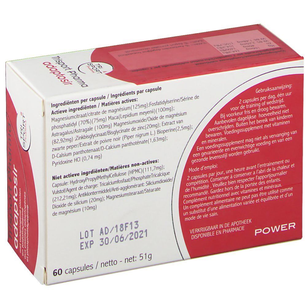 Boîte de Trisport Pharma Adaptosir. Emballage rouge et blanc avec informations produit. Contient 60 gélules. Inscriptions avec ingrédients et posologie.