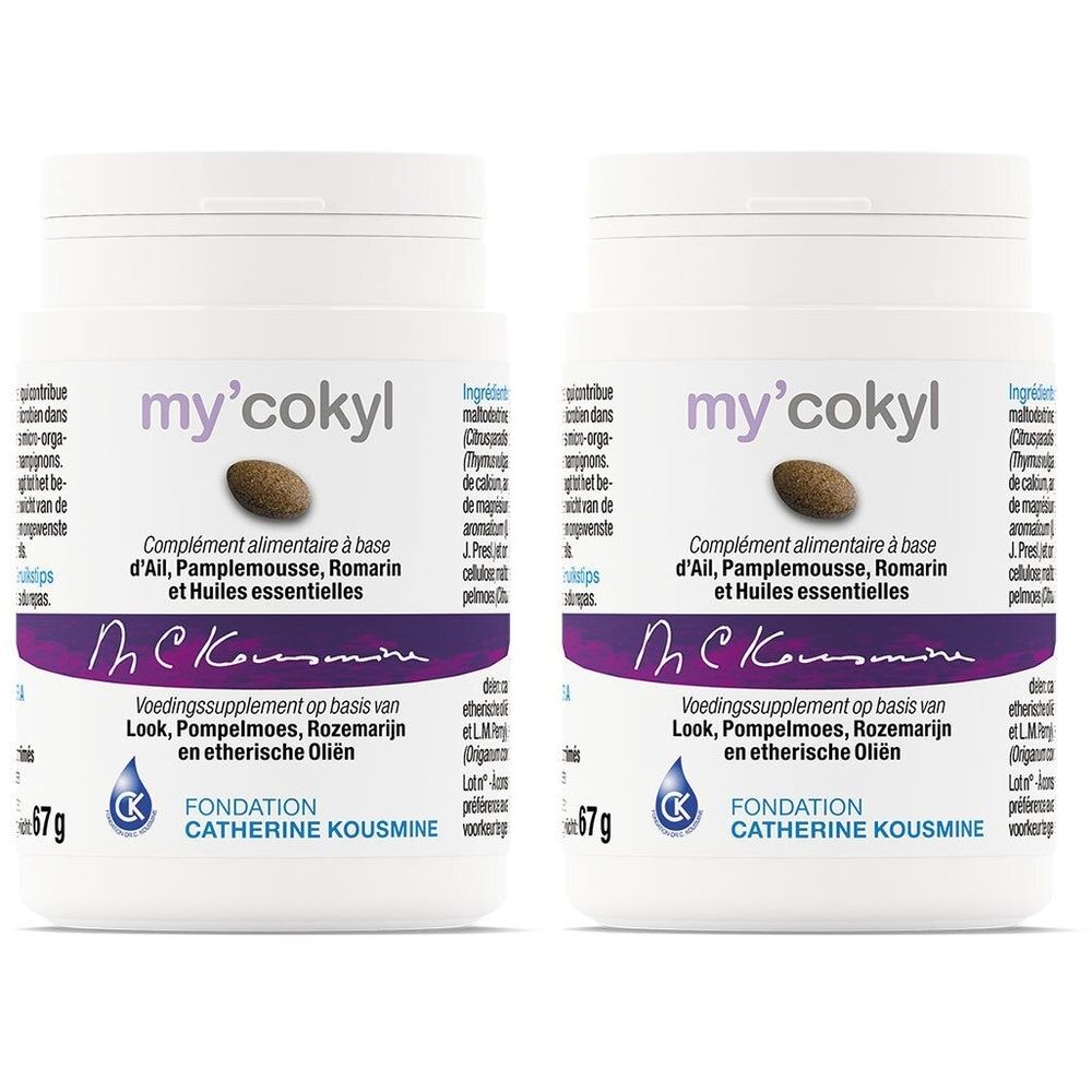 Deux flacons blancs de My'Cokyl. Complément alimentaire à base d'ail, pamplemousse, romarin et huiles essentielles. Logo Fondation Catherine Kousmine.