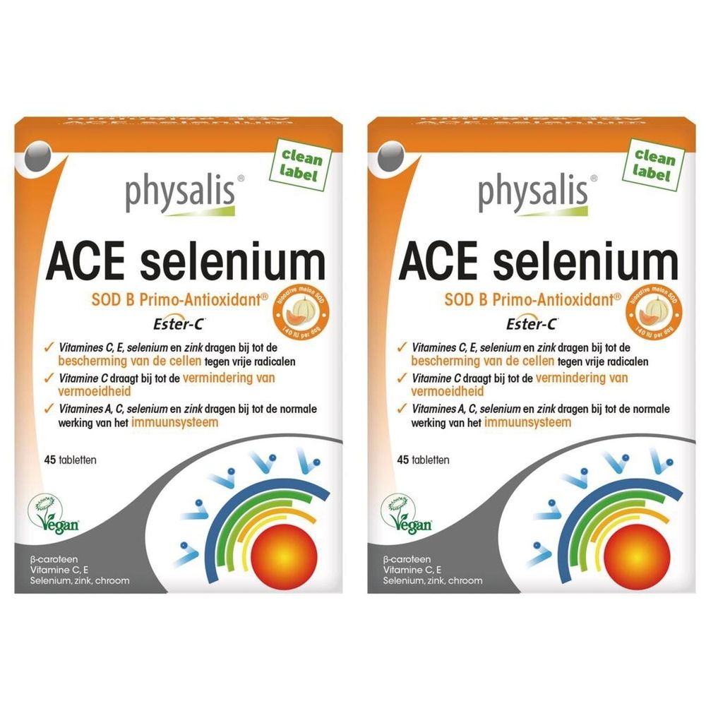 Twee dozen Physalis ACE selenium. Witte verpakking met tekst en logo. 45 tabletten, vegan.