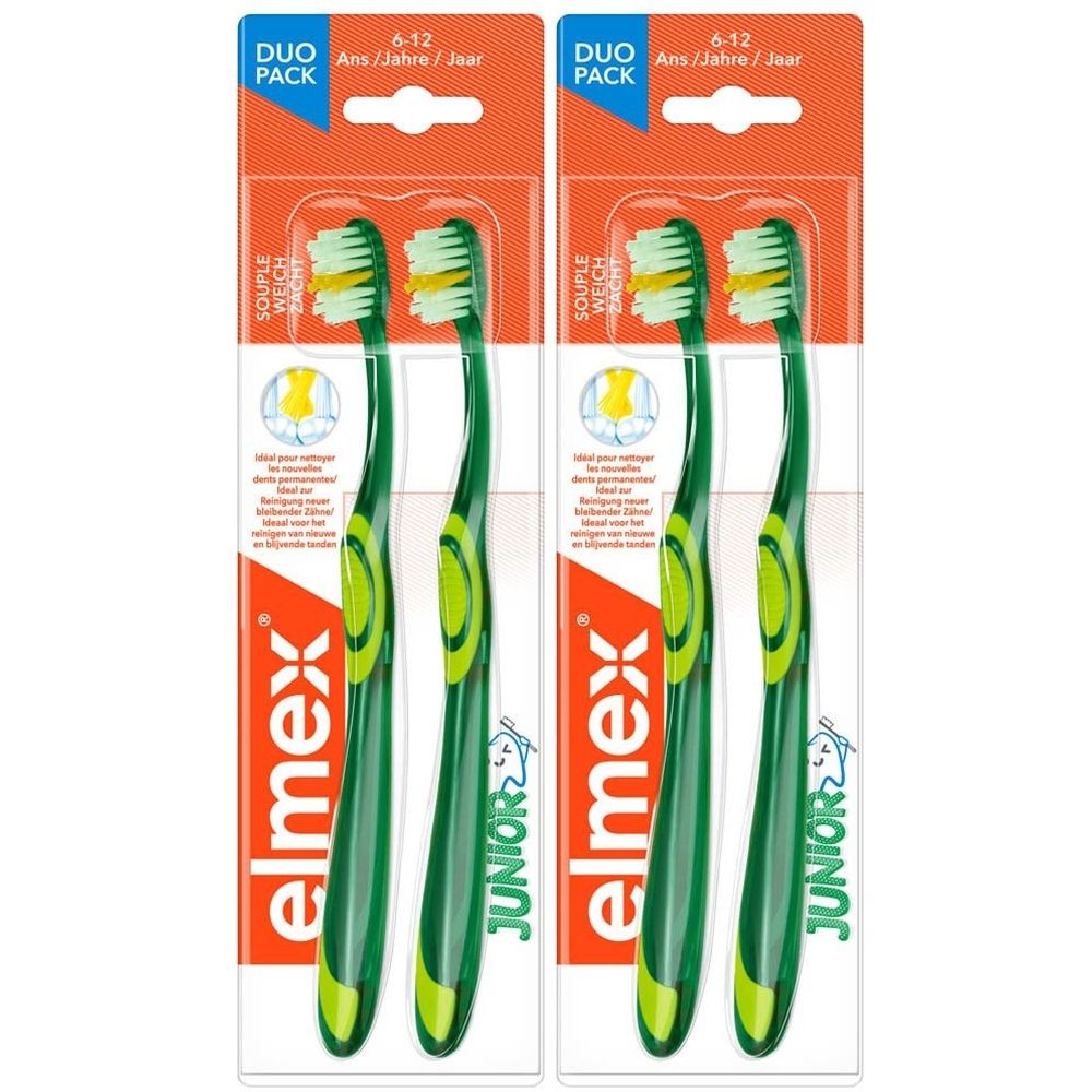 Twee groene kindertandenborstels in Duo Pack verpakking. Opschrift: elmex Junior.