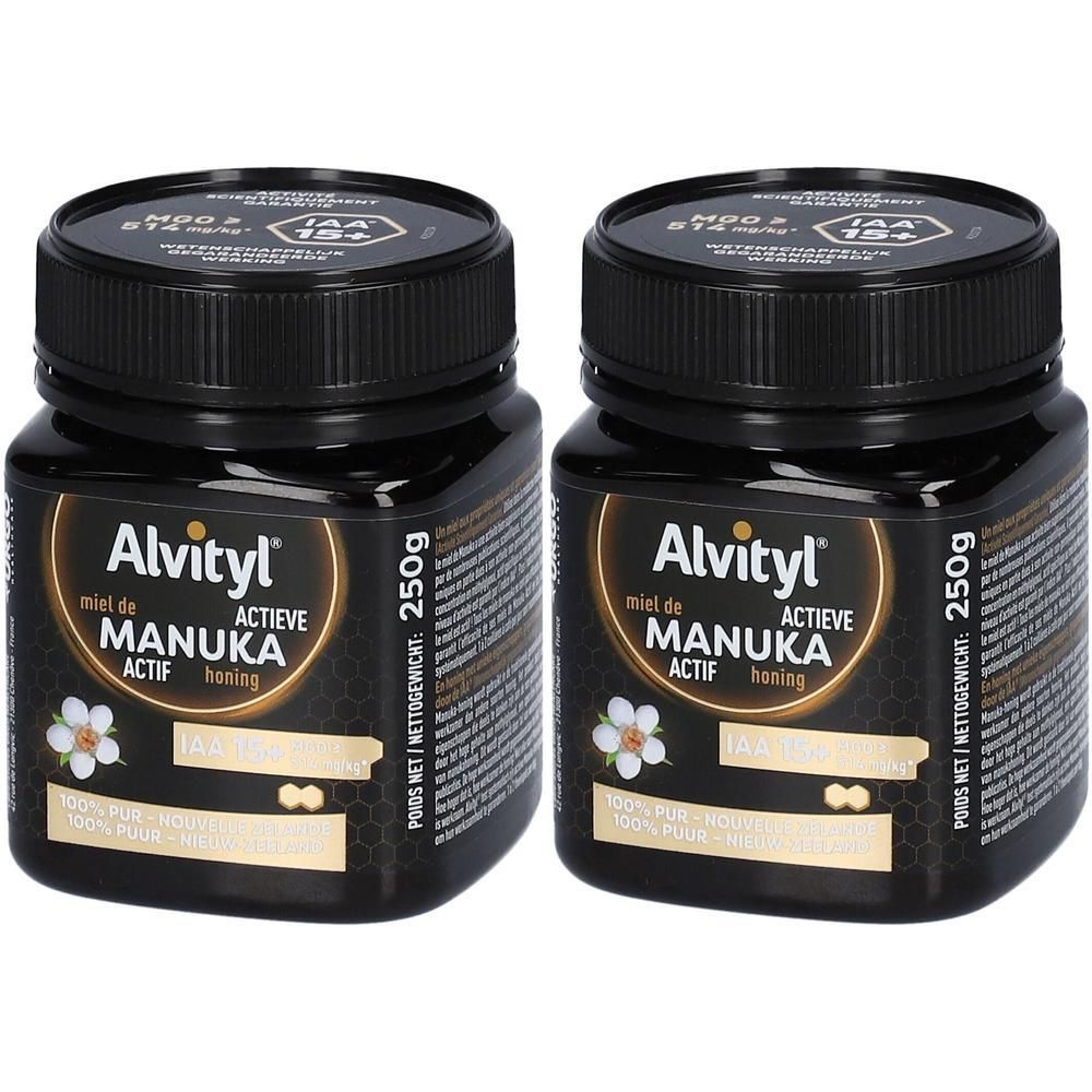 Deux pots noirs "Alvityl Miel de Manuka ACTIF". Label IAA 15+. 250g. Pots de miel.