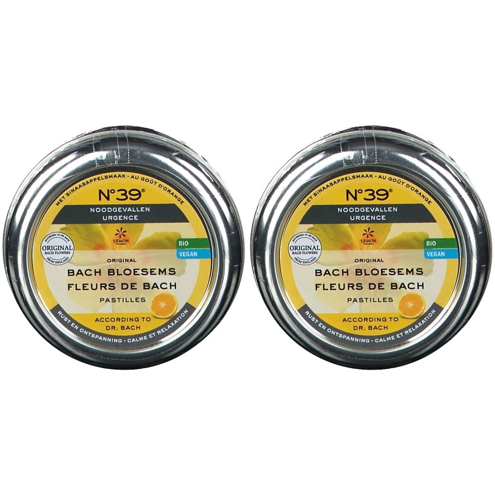 Deux boîtes rondes en métal. Inscription : N°39 Urgence, Bach Bloesems Fleurs de Bach Pastilles. Avec labels Bio et Vegan.