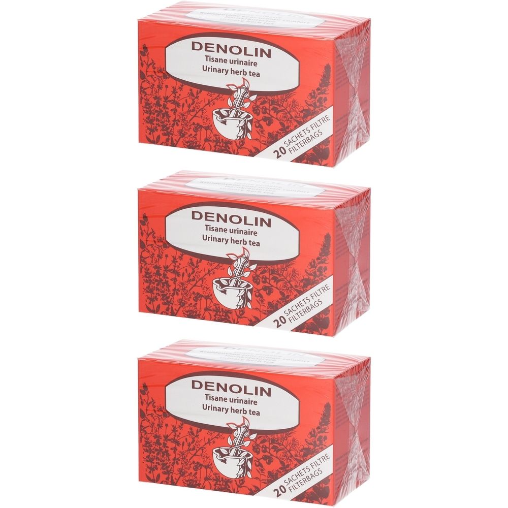 Drie rode dozen met de tekst "DENOLIN Tisane urinaire Urinary herb tea". Elke doos bevat 20 filterzakjes.