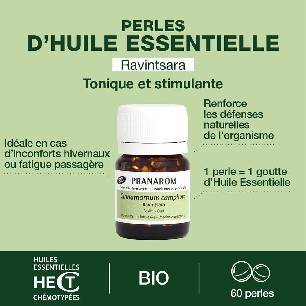 Fles met witte dop. Tekst: "PRANAROM", "Cinnamomum camphora Ravintsara". BIO-certificering. 60 parels.