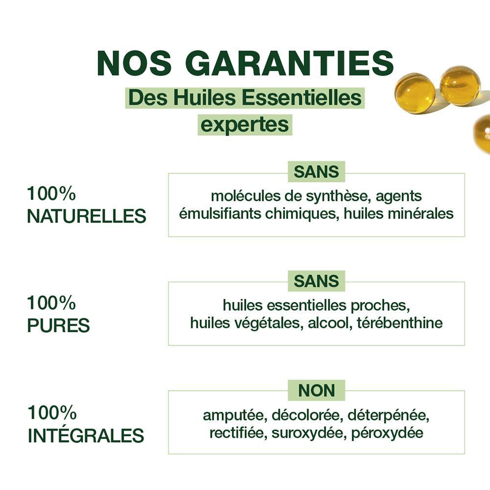 Tekst: "NOS GARANTIES". Verklaringen over 100% natuurlijke, pure en integrale ingrediënten. Geen synthetische moleculen.