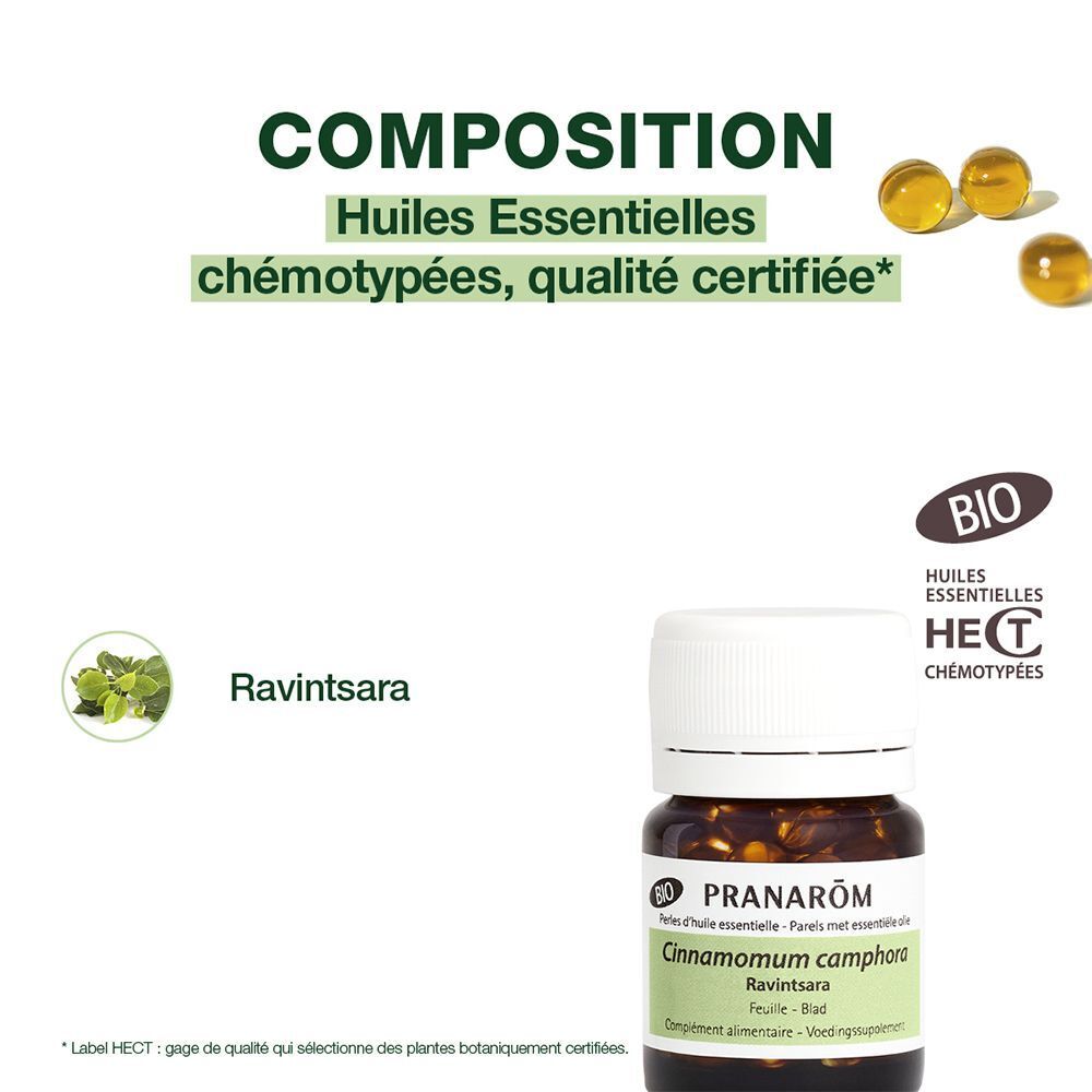 Tekst: "COMPOSITION". Fles met witte dop. Tekst: "PRANAROM", "Cinnamomum camphora Ravintsara". BIO-certificering.
