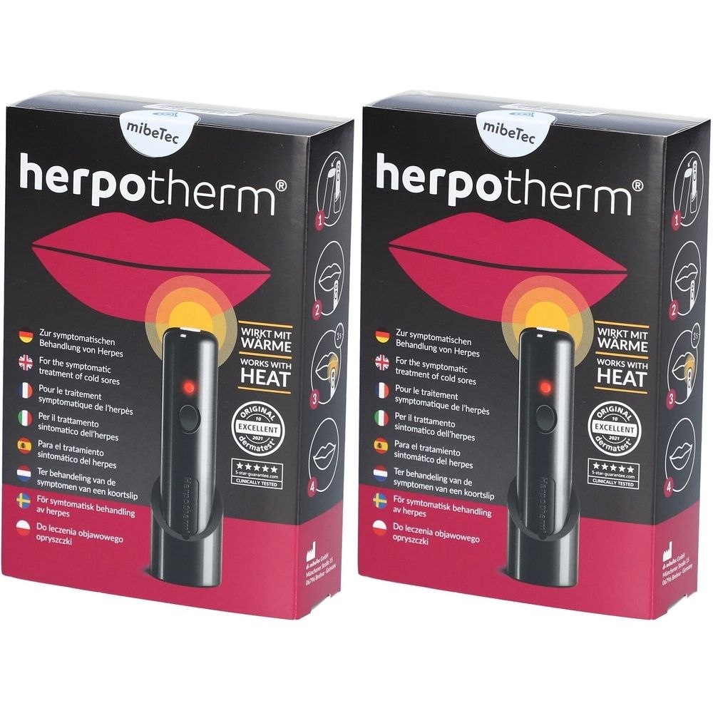 Deux boîtes de herpotherm®. Emballage noir avec symbole de bouche rouge et image du produit. Texte : Agit avec la chaleur.