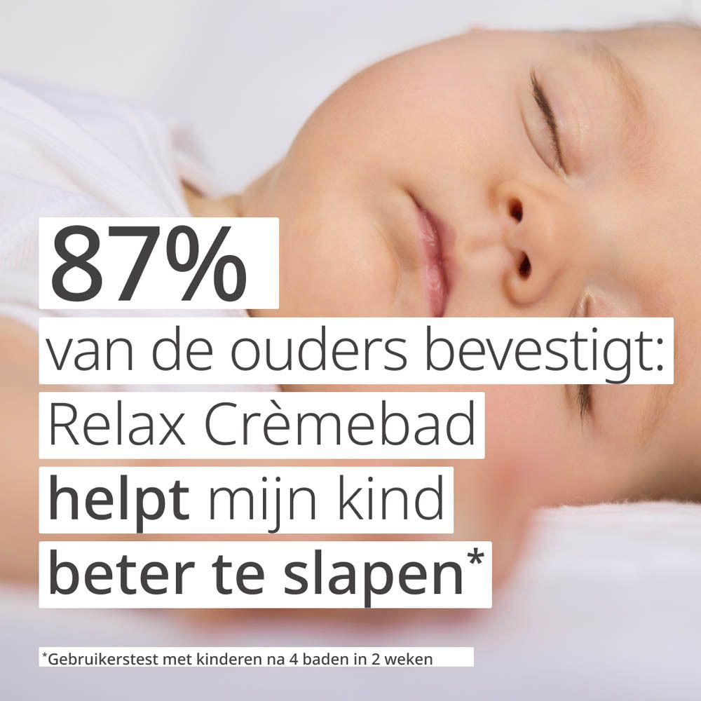 Slapende baby met tekst: 87% van de ouders bevestigt: Relax Crèmebad helpt mijn kind beter te slapen.