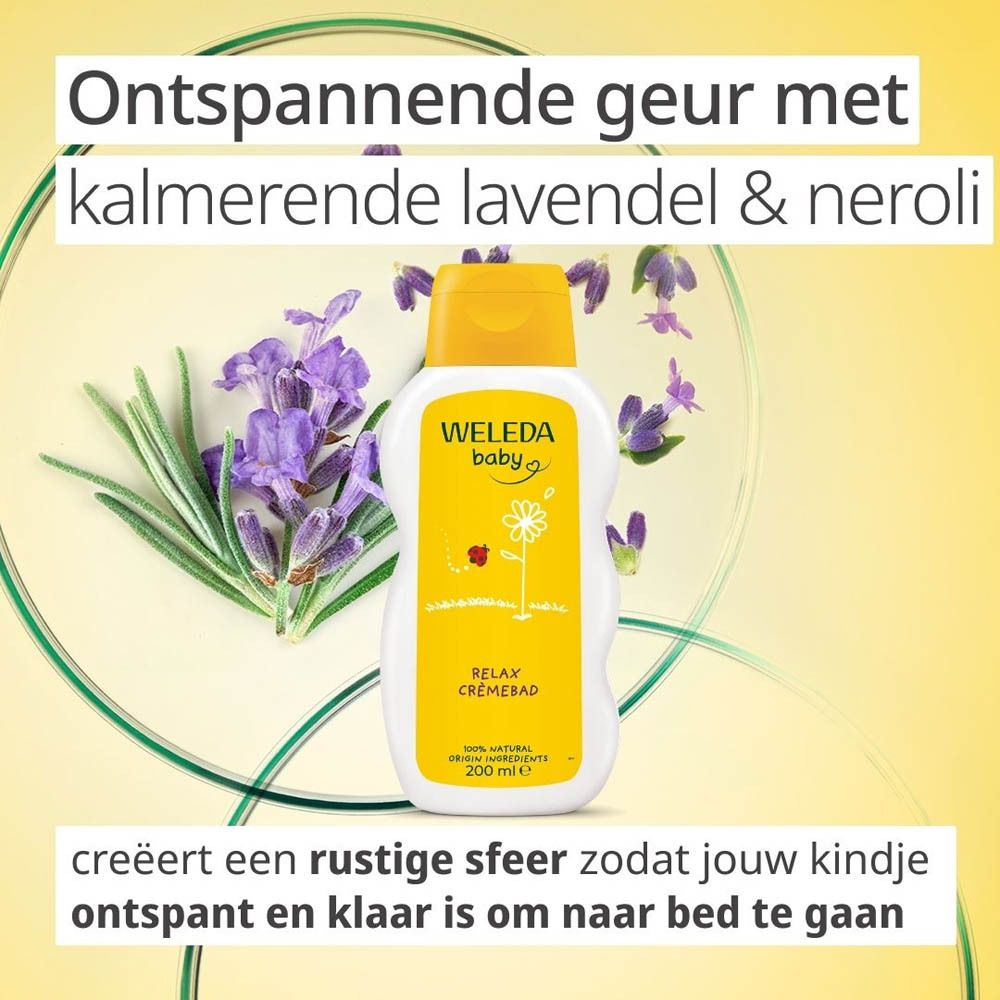 Fles Weleda Baby Relax Crèmebad met lavendel en neroli. Tekst: Ontspannende geur met kalmerende lavendel & neroli.